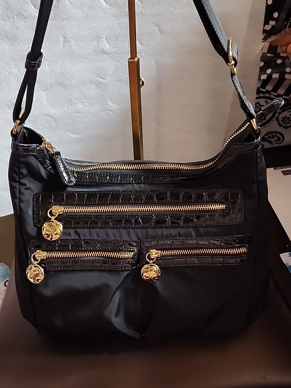 Brighton Nylon & Patent Leather Crossbody Bag Euc